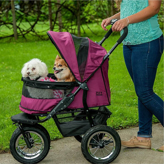 Two dogs riding inside Pet Gear Double Dog Stroller for large dogs.