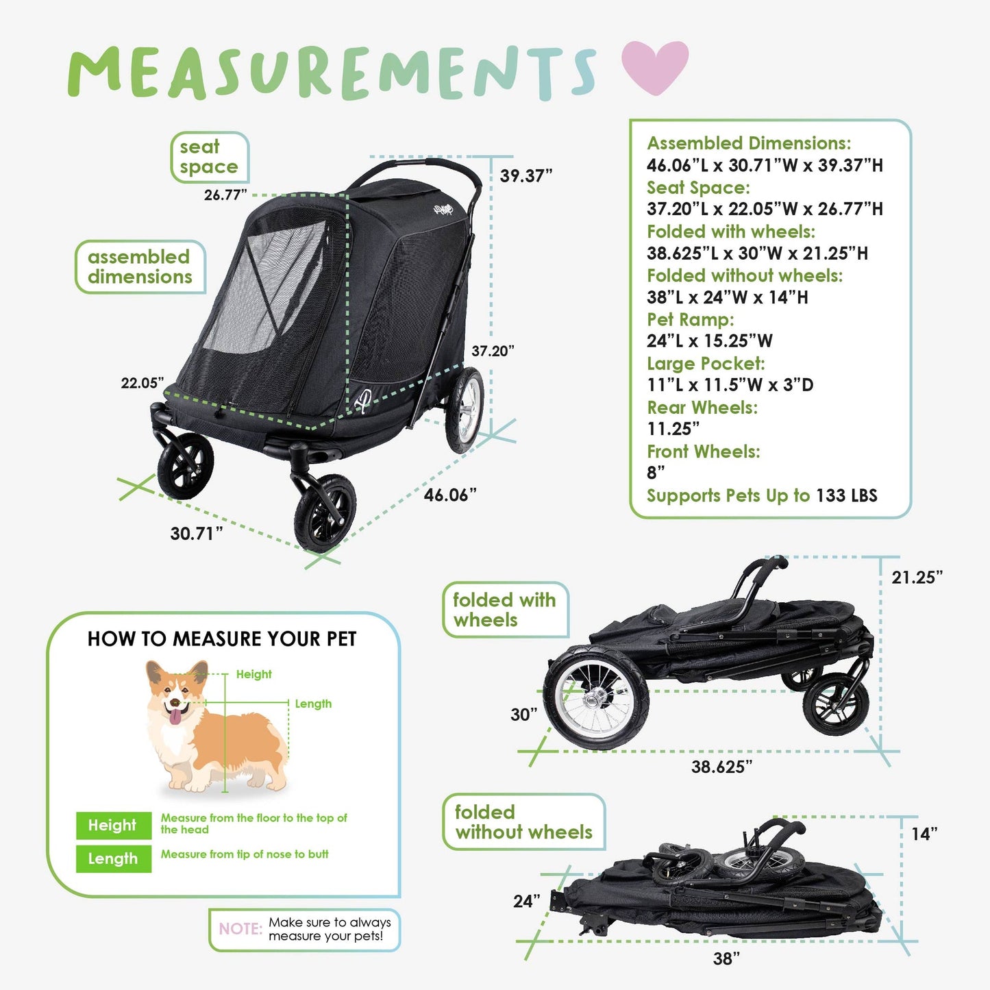 Petique Apollo Elite Pet Stroller for Large Dogs: Sturdy Ramp, Low to Ground, Air-Filled Bike Tires, Peek-a-Boo Window Folds Compact, Convertible Canopy, For Large & Multiple Dogs, Supports up to 133 LBS