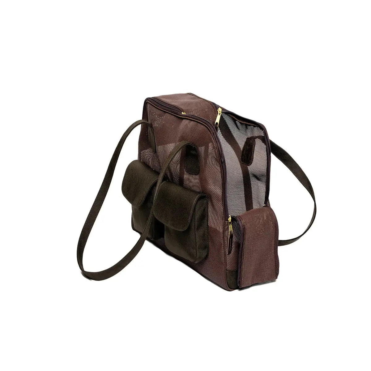 Side view of the Canine Styles all mesh dog carrier in brown with two front pockets.