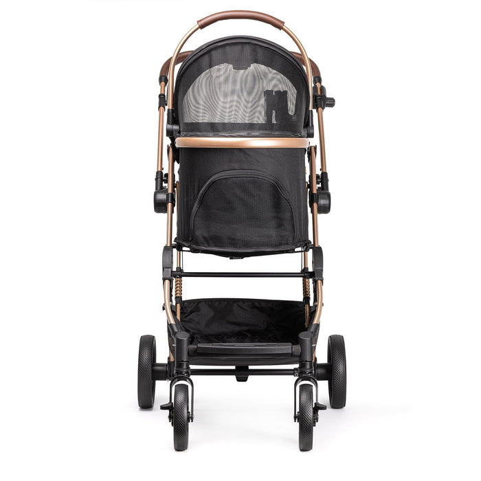 Dogline Signature Legacy dog stroller frame showing shock-absorbing 4-wheel system — rose gold