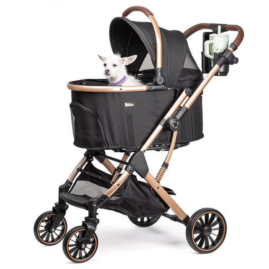 Small white chihuahua in Dogline Signature Legacy black dog stroller with rose gold frame and cup holder