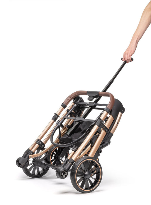 Dogline Signature Legacy dog stroller folded with carry handle extended black and rose gold