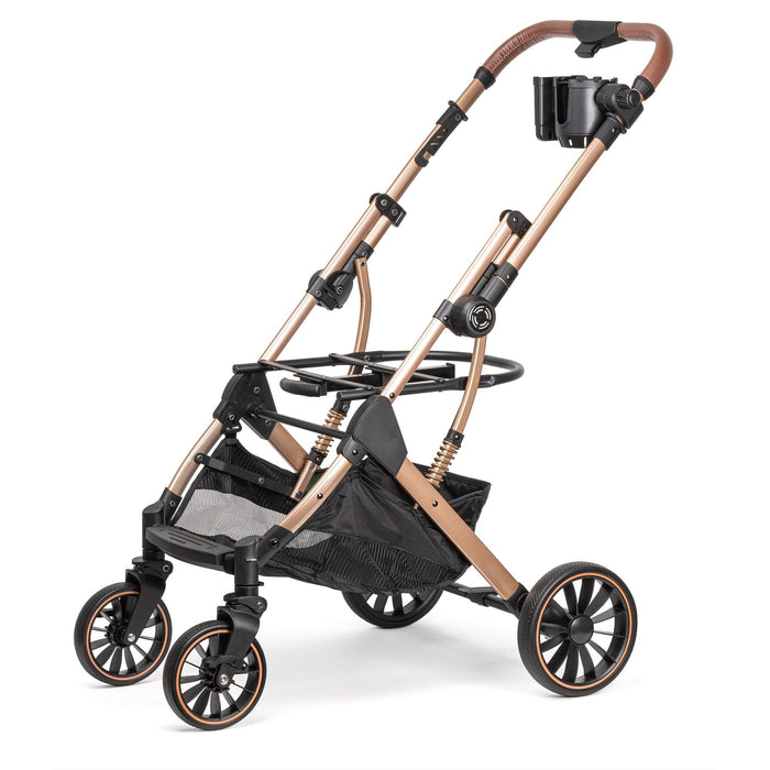 Dogline Signature Legacy dog stroller frame without carrier — rose gold with storage basket side view