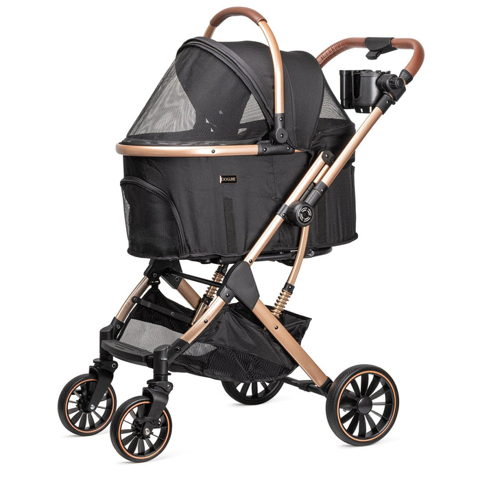 Dogline Signature Legacy luxury dog stroller black and rose gold — 2-in-1 with removable carrier