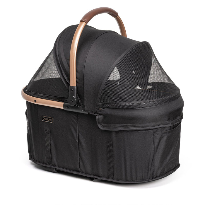 Dogline Signature Legacy removable pet carrier cradle closed — black mesh canopy with rose gold handle