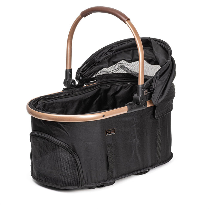 Dogline Signature Legacy removable pet carrier cradle open — black Oxford fabric with rose gold frame
