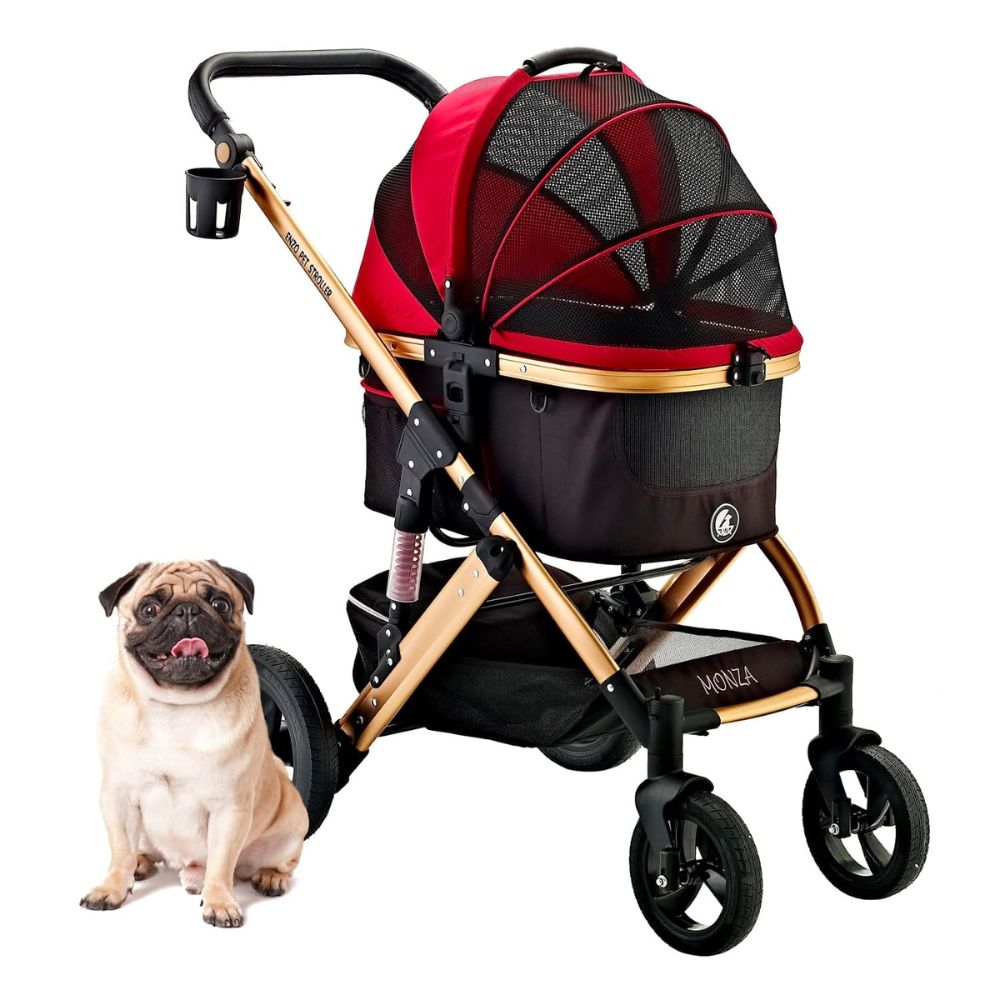 Luxury Dog stroller and detachable pet carrier can be used as car seat for dogs made by Enzo Monza in red and black. 