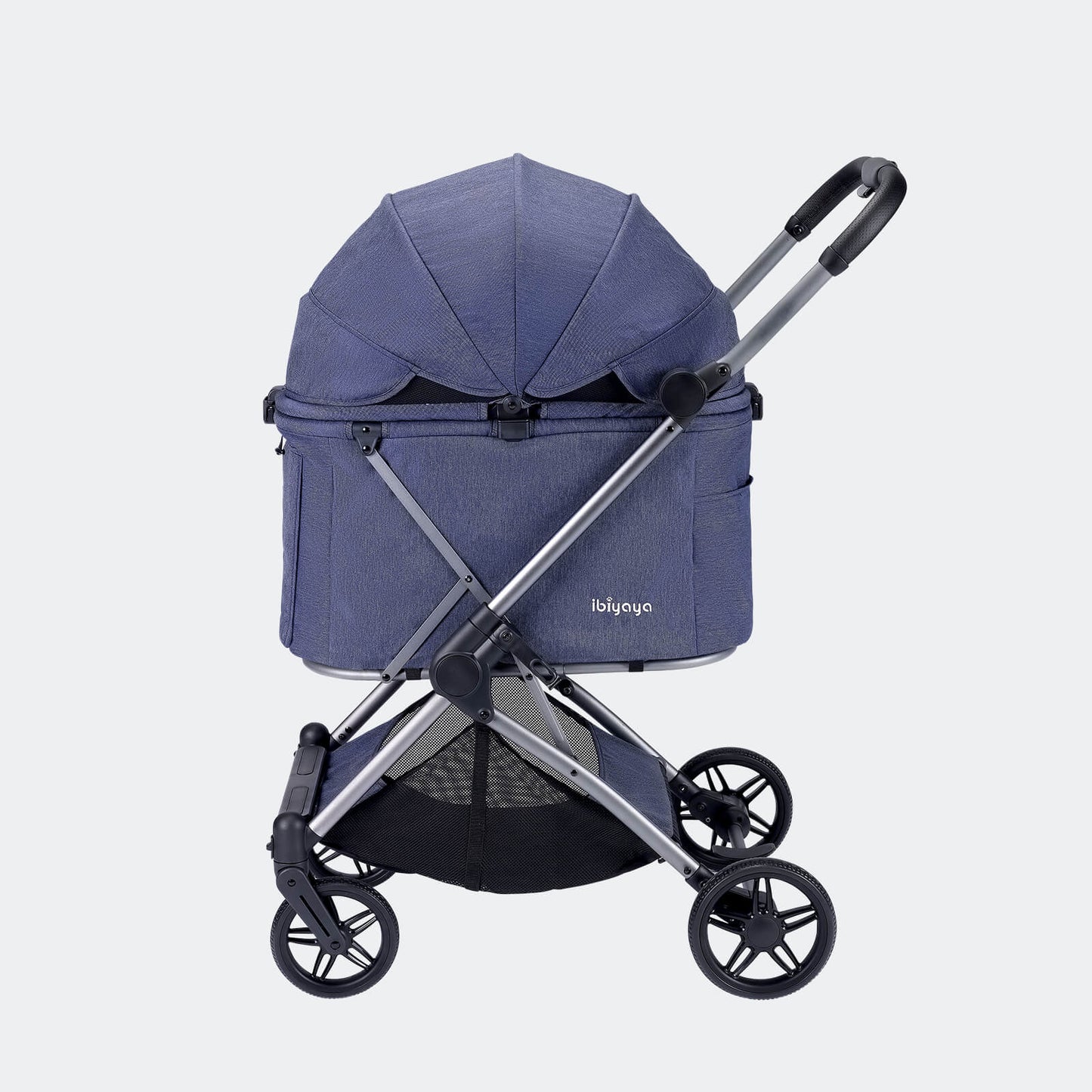 Blue Ibiyaya Maxi pet stroller with a canopy on a light gray background