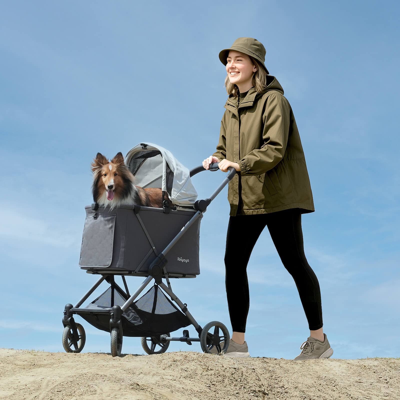 Woman pushing a Ibiyaya Maxi pet stroller with a dog on a sandy surface under a clear blue sky