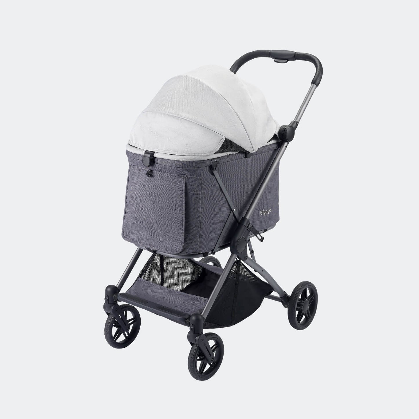 Gray and white Ibiyaya Maxi pet stroller with a white canopy on a light gray background