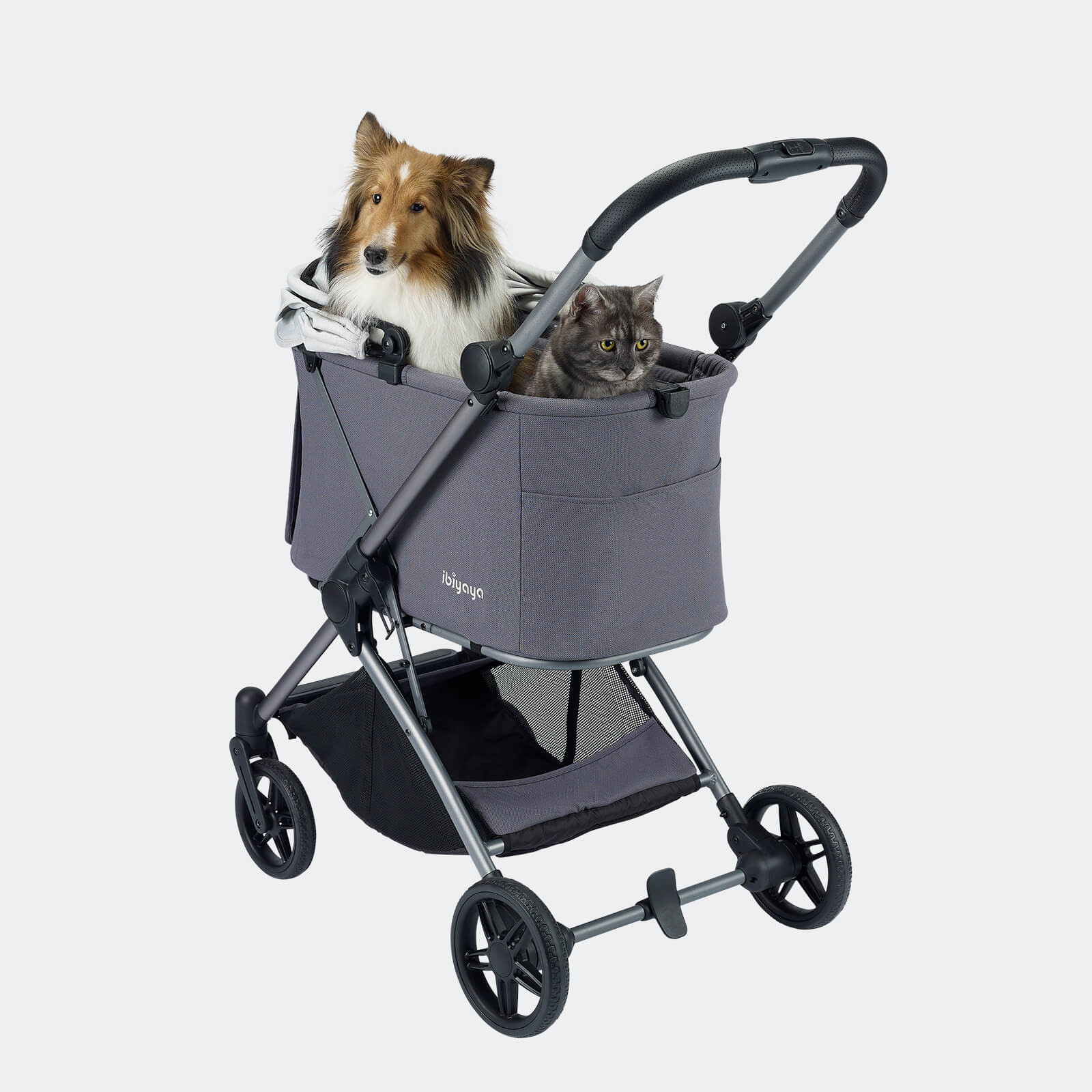 Pet stroller with a dog and cat inside. They are riding inside the Ibiyaya Maxi pet stroller.