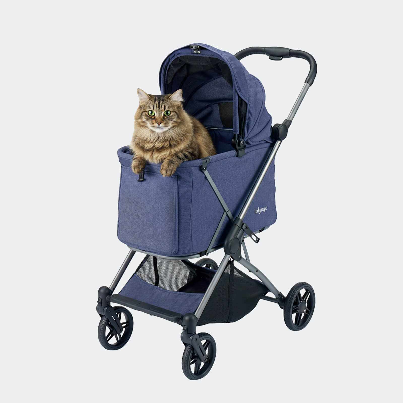 Cat sitting inside a blue Ibiyaya Maxi pet stroller on a light gray background