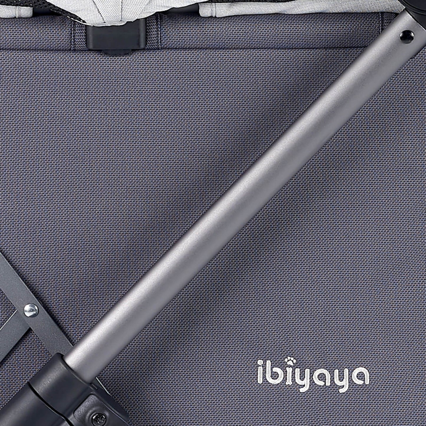 Close-up of a gray pet stroller with 'ibiyaya' branding 