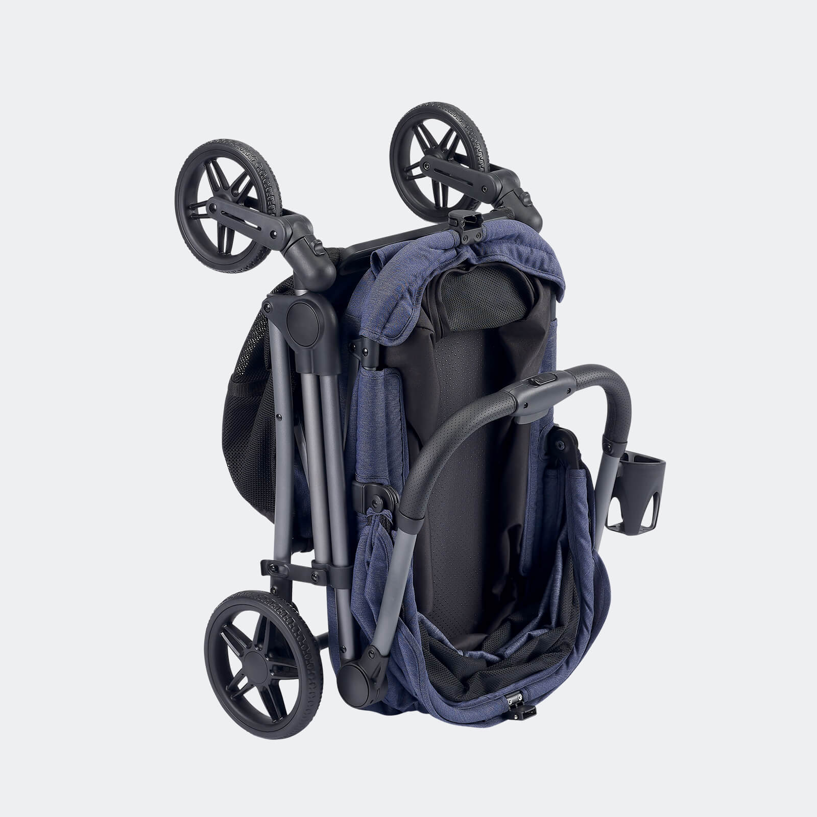 Blue Ibiyaya Maxi pet stroller folded with black wheels on a light gray background