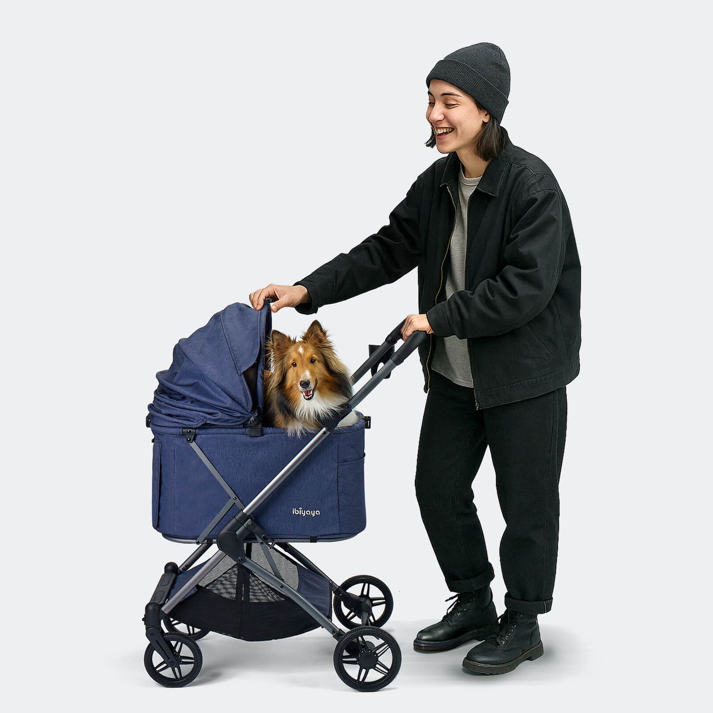 Person pushing a blue Ibiyaya Maxi pet stroller with a dog inside on a white background