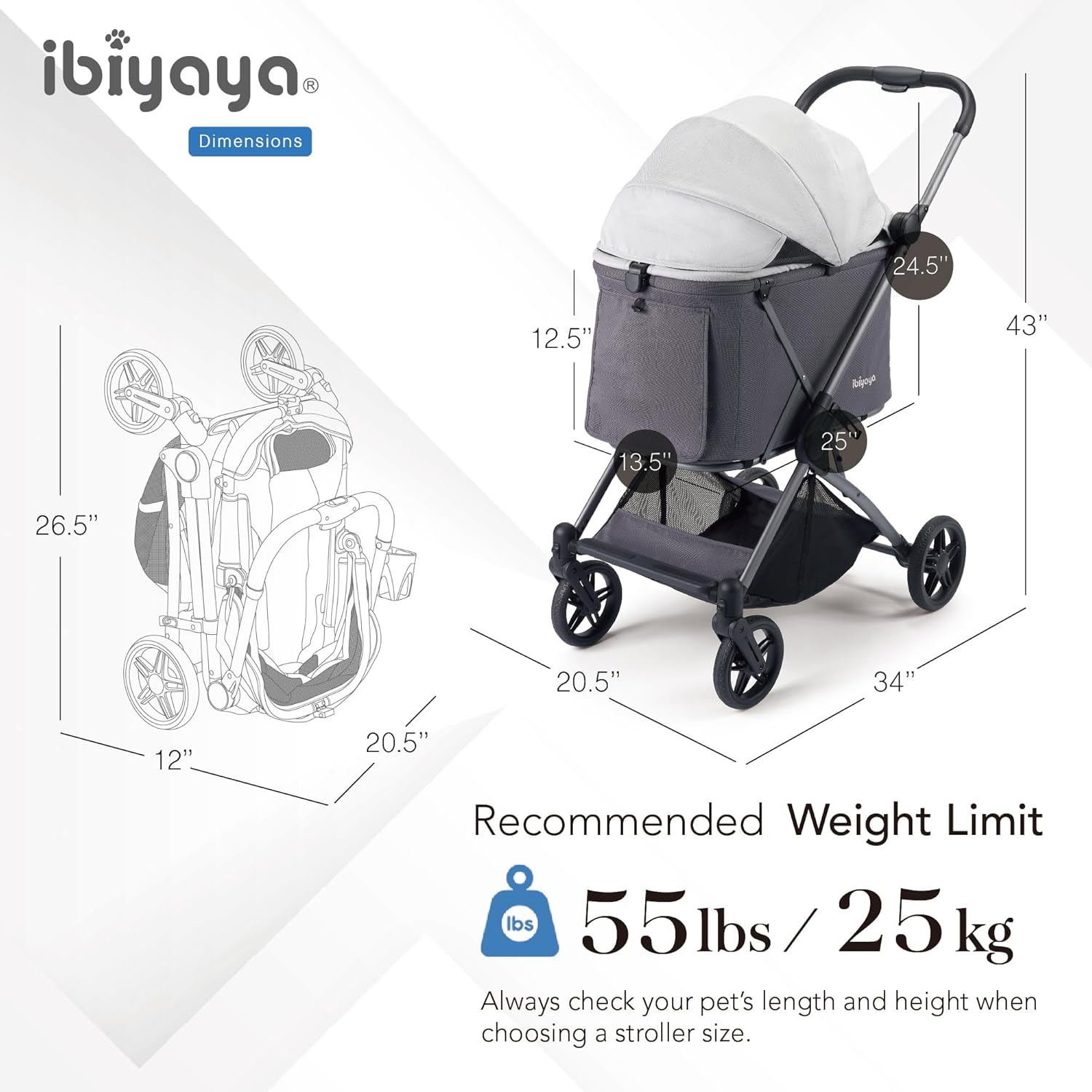 Ibiyaya Maxi pet stroller with dimensions and 55 lbs weight limit information on a white background