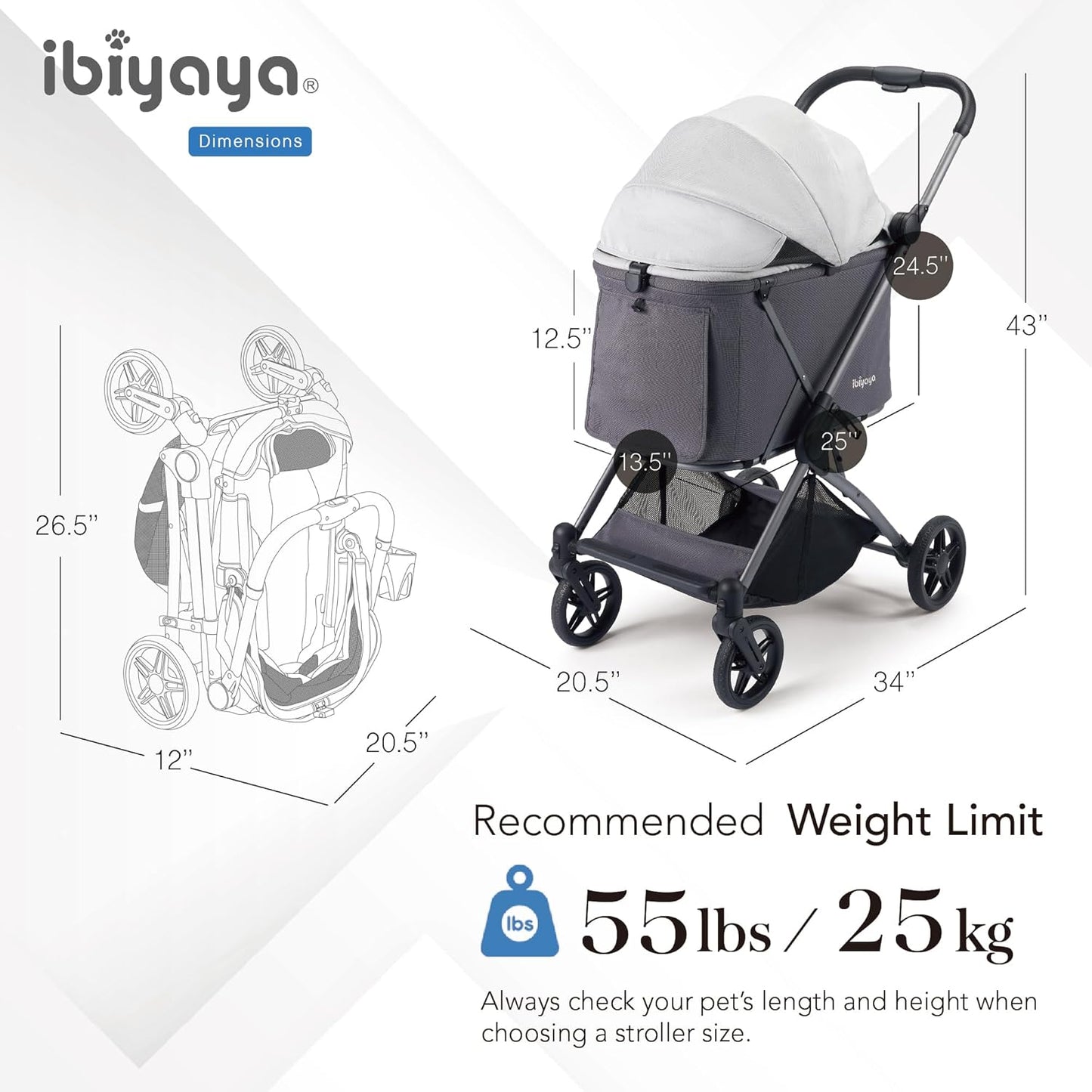 Ibiyaya Maxi pet stroller with dimensions and 55 lbs weight limit information on a white background