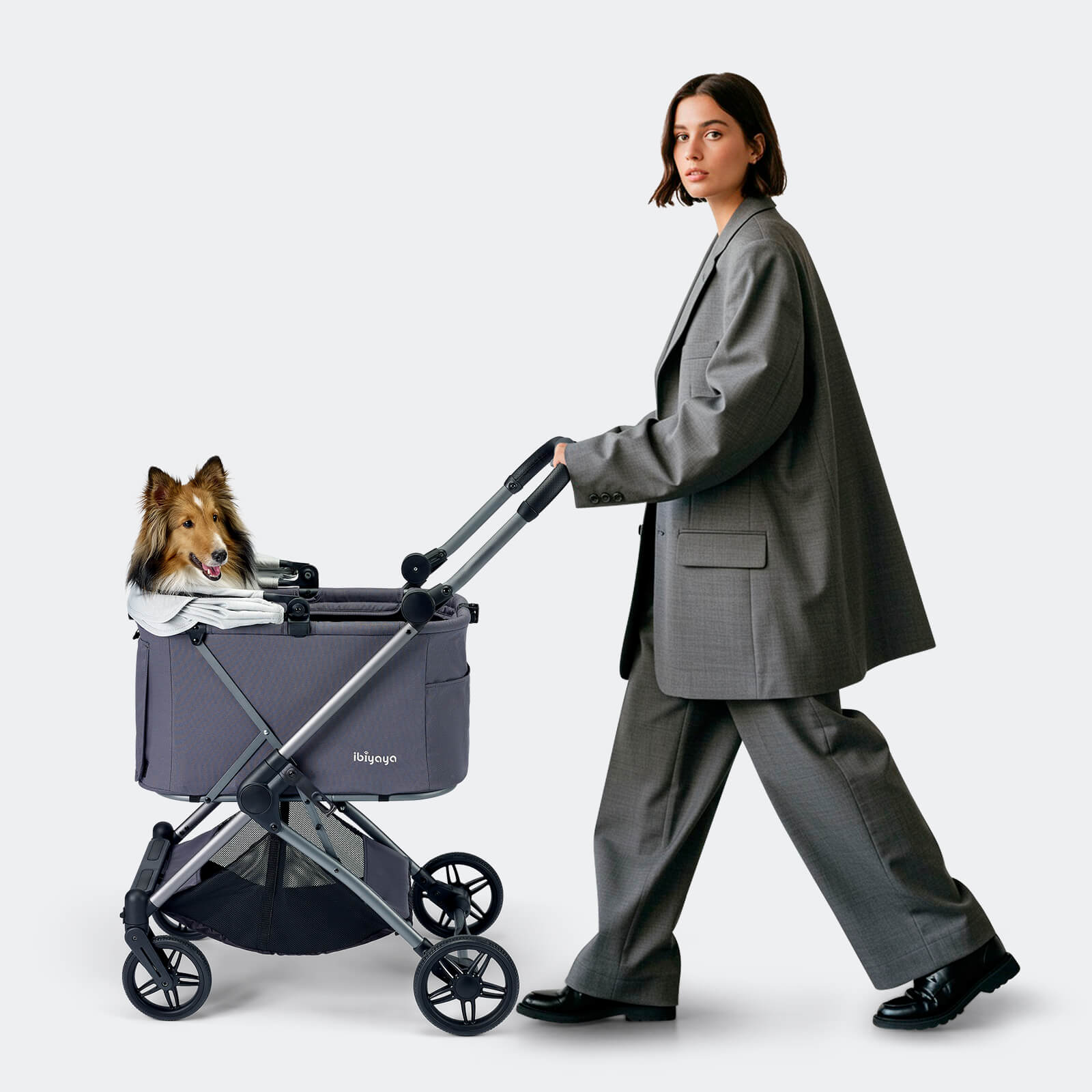 Woman pushing a roomy and stylish Ibiyaya Maxi pet stroller with a dog inside.