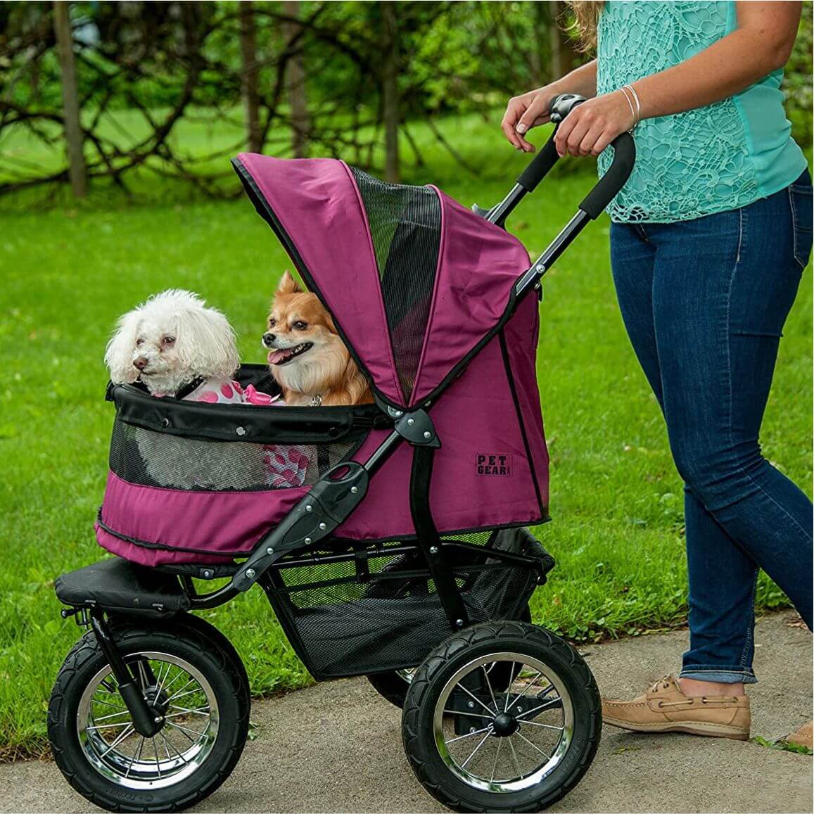 Two dogs riding inside Pet Gear Double Dog Stroller for large dogs.