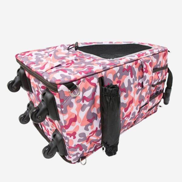 Bottom side view of the Petique dog carrier with four wheels exposed and the material that covers the wheels when not in use being put away inside a zippered enclosure.