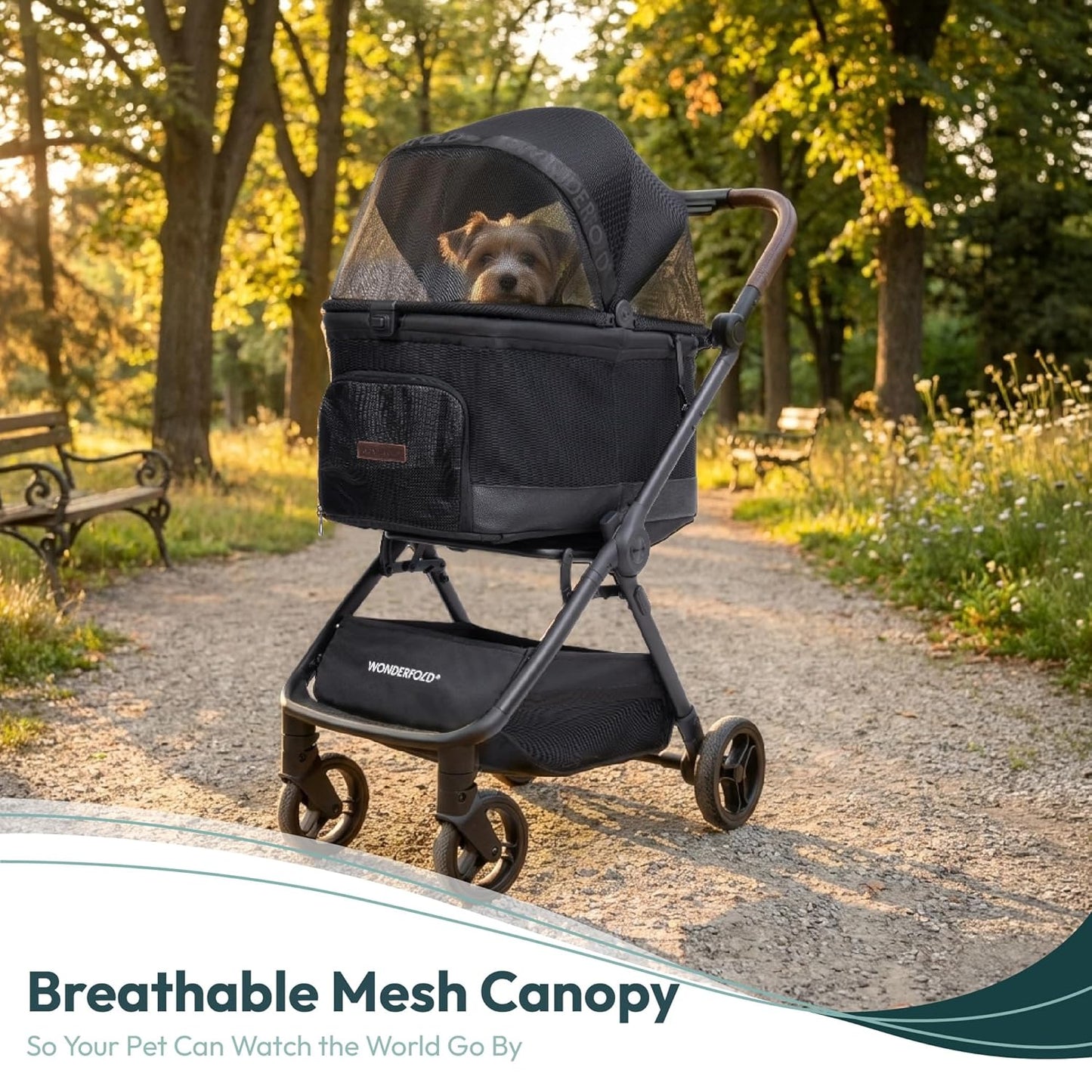 WonderFold Bella Pet stroller with breathable mesh canopy in a park setting