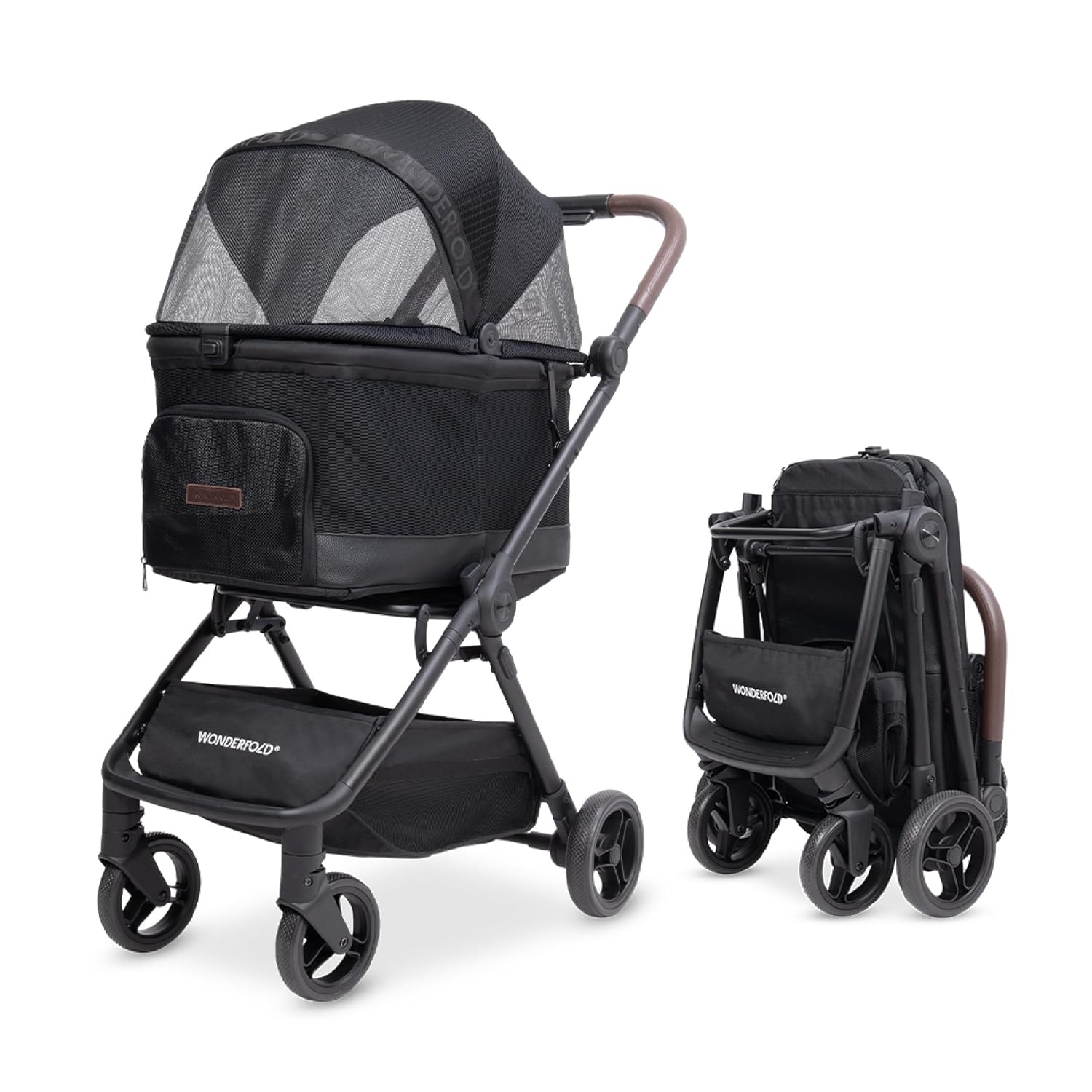 Black WonderFold Bella pet stroller with folded version on a white background