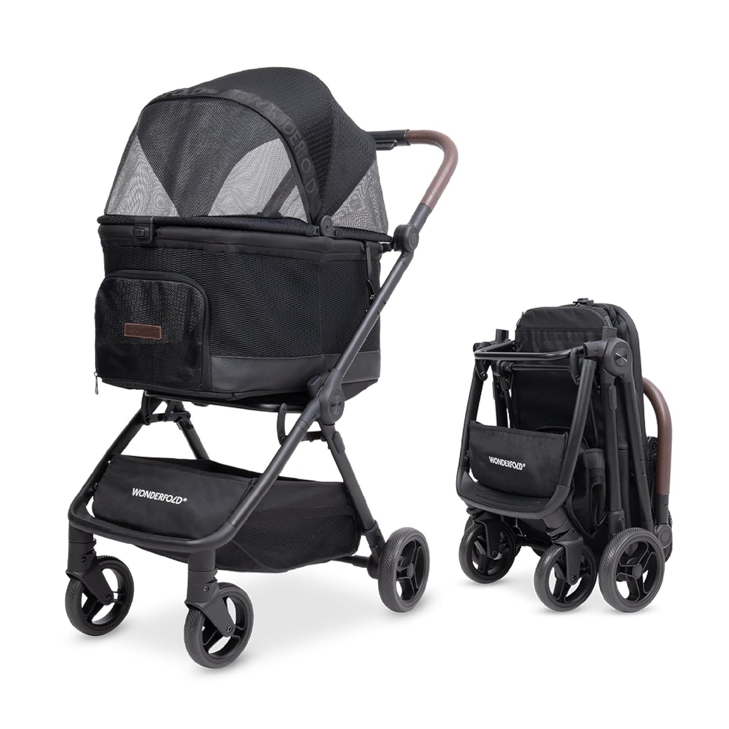 Black WonderFold Bella pet stroller with folded version on a white background