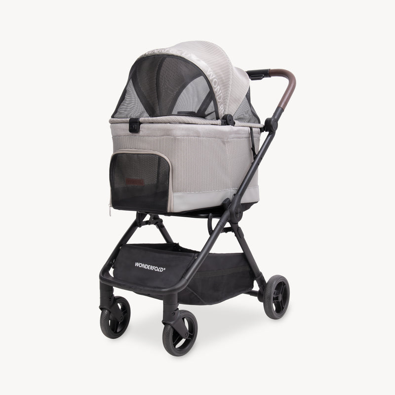WonderFold Bella pet stroller with a mesh canopy and black frame on a white background