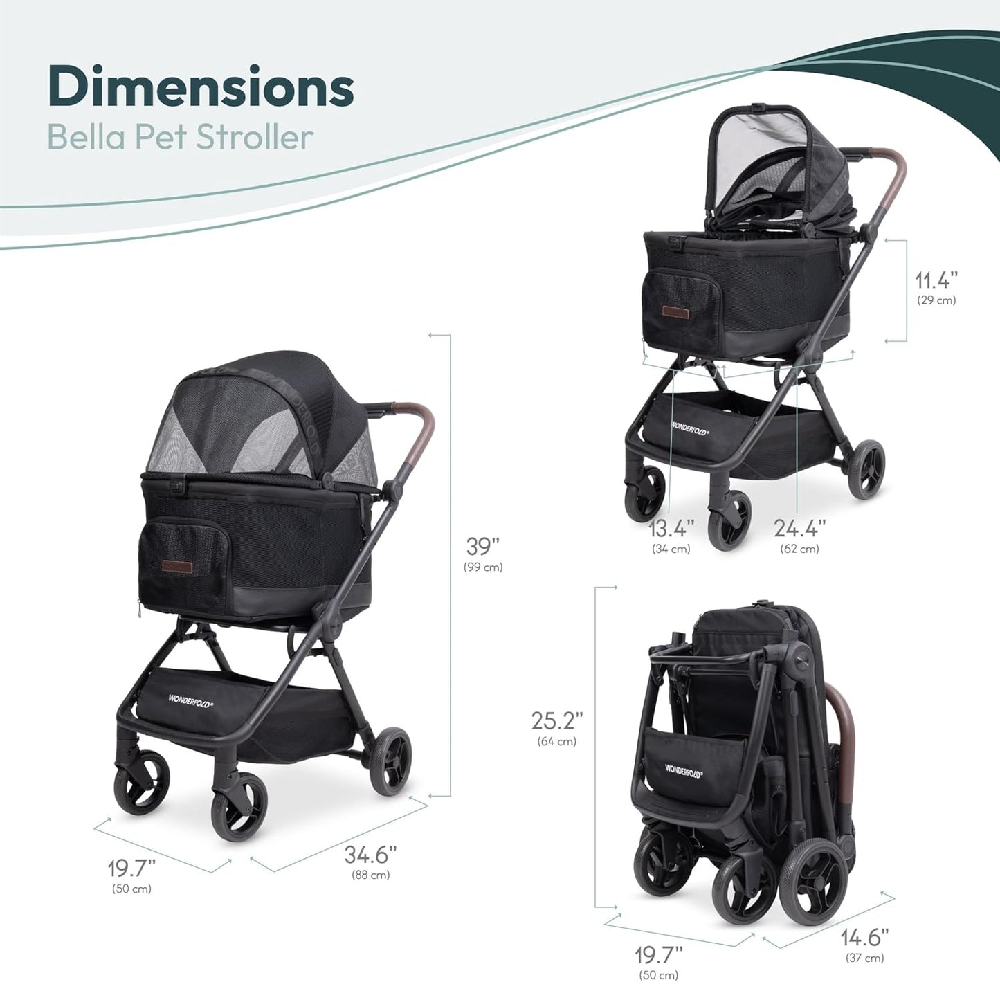 Dimensions of the WonderFold Bella Pet Stroller with measurements displayed.