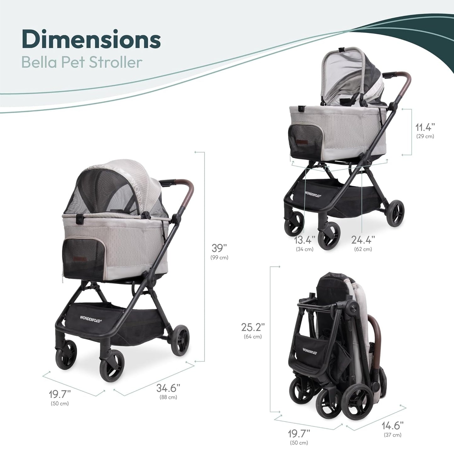 Dimensions of WonderFold Bella Pet Stroller with measurements displayed