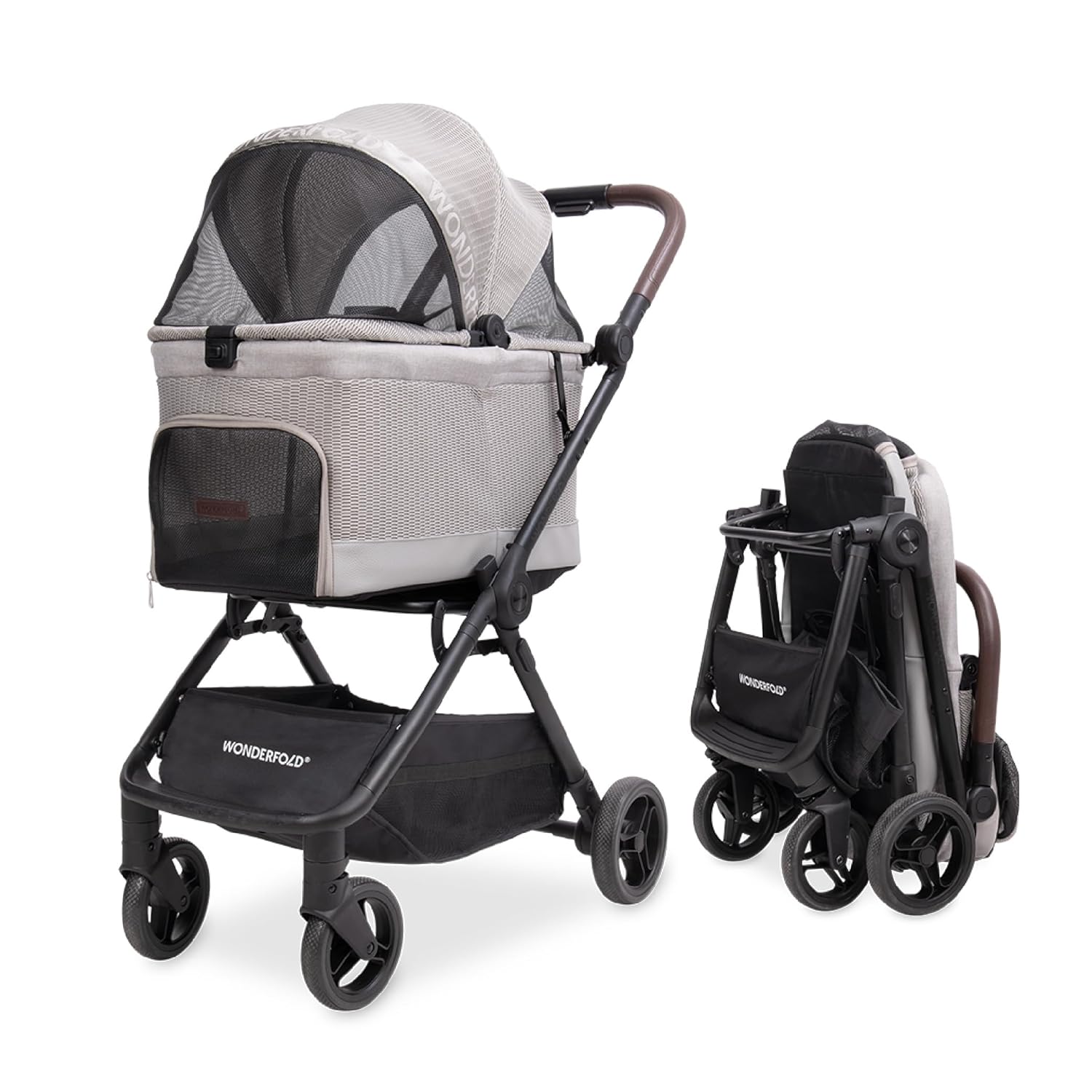 WonderFold Pet stroller with folded version on a white background