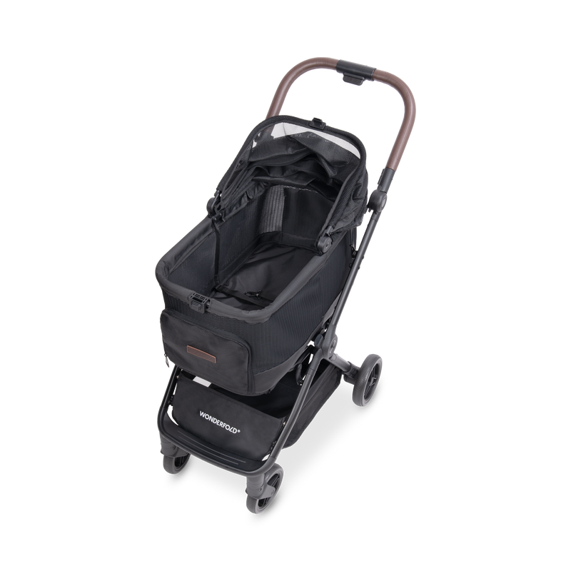 Black Wonderfold Bella  pet stroller with brown handle on a white background