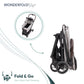 Foldable pet stroller with 'Wonderfold Pet' branding and 'Fold & Go' feature on a white background.