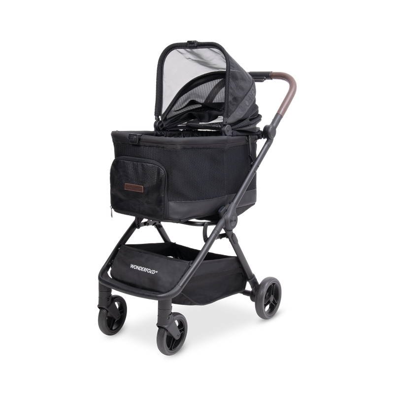 Black WonderFold Bella pet stroller with open canopy on a white background