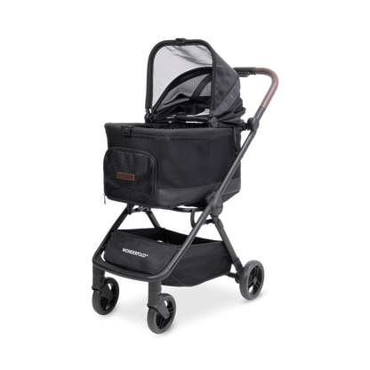 Black WonderFold Bella pet stroller with open canopy on a white background
