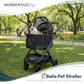 Dog in a black WonderFold pet stroller with in a park setting.