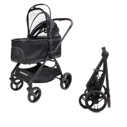 WonderFold Buddy pet stroller assembled and folded side by side on white background showing compact storage size