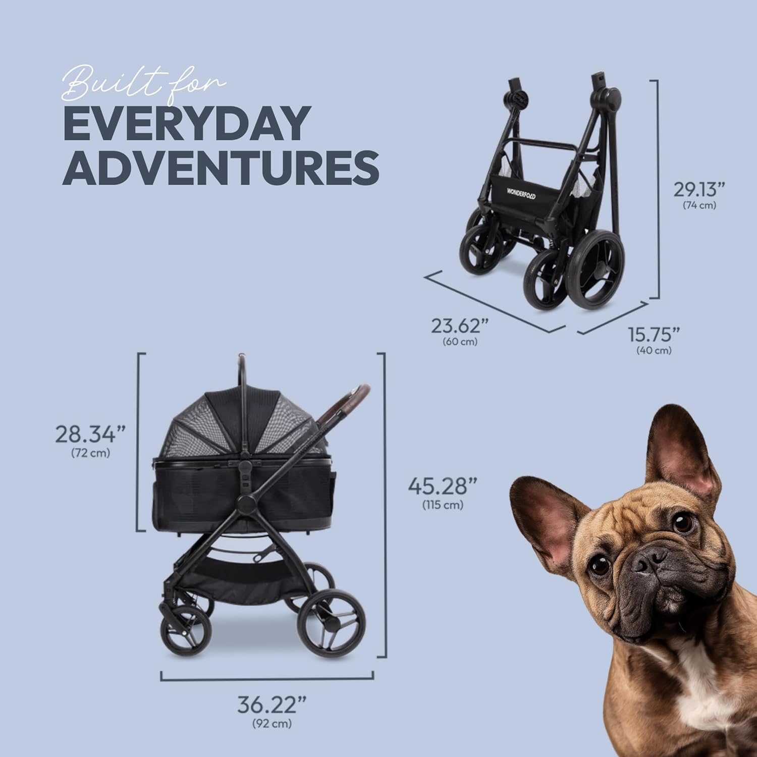 WonderFold Buddy pet stroller dimensions — 45.28 inches tall assembled, folds to 29.13 inches, with French Bulldog