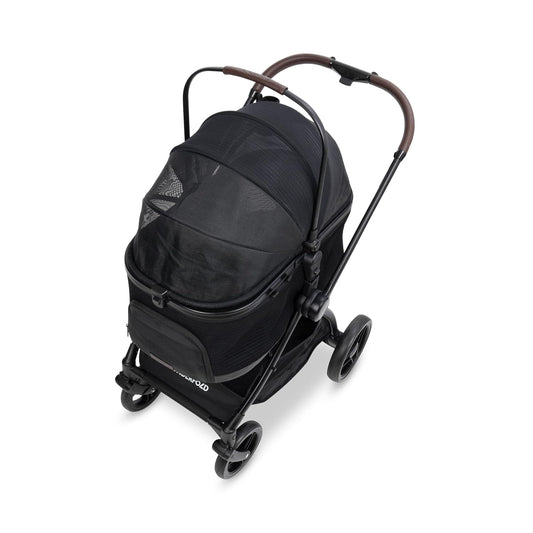 WonderFold Buddy 2-in-1 dog and cat stroller carrier top view with breathable mesh canopy and faux leather handlebar in black